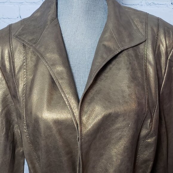 Lafayette 148 New York Gold Bronze 100% Leather Jacket NWT Size 16 Stunning - Picture 2 of 16